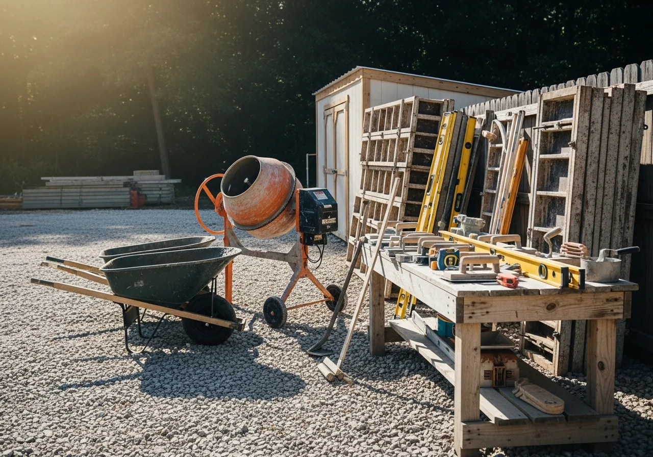 Concrete crew equipment and tools staged on a job site, ready for construction work.