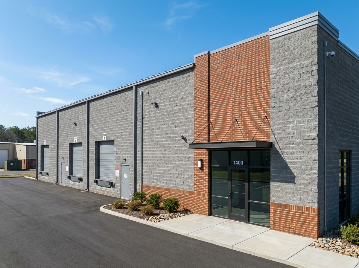 Finished commercial CMU warehouse wall with brick veneer accent under a clear sky