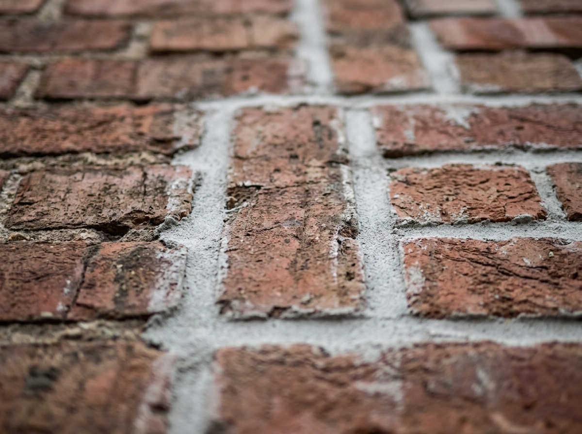 Repaired commercial brick wall with fresh mortar repointing after water damage remediation