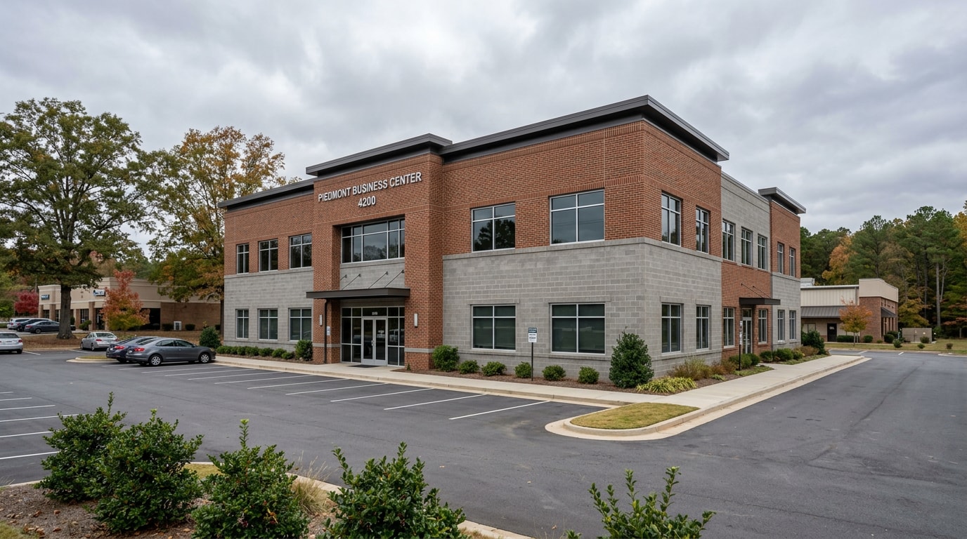 Finished commercial building exterior with brick and CMU masonry construction in Liberty, NC