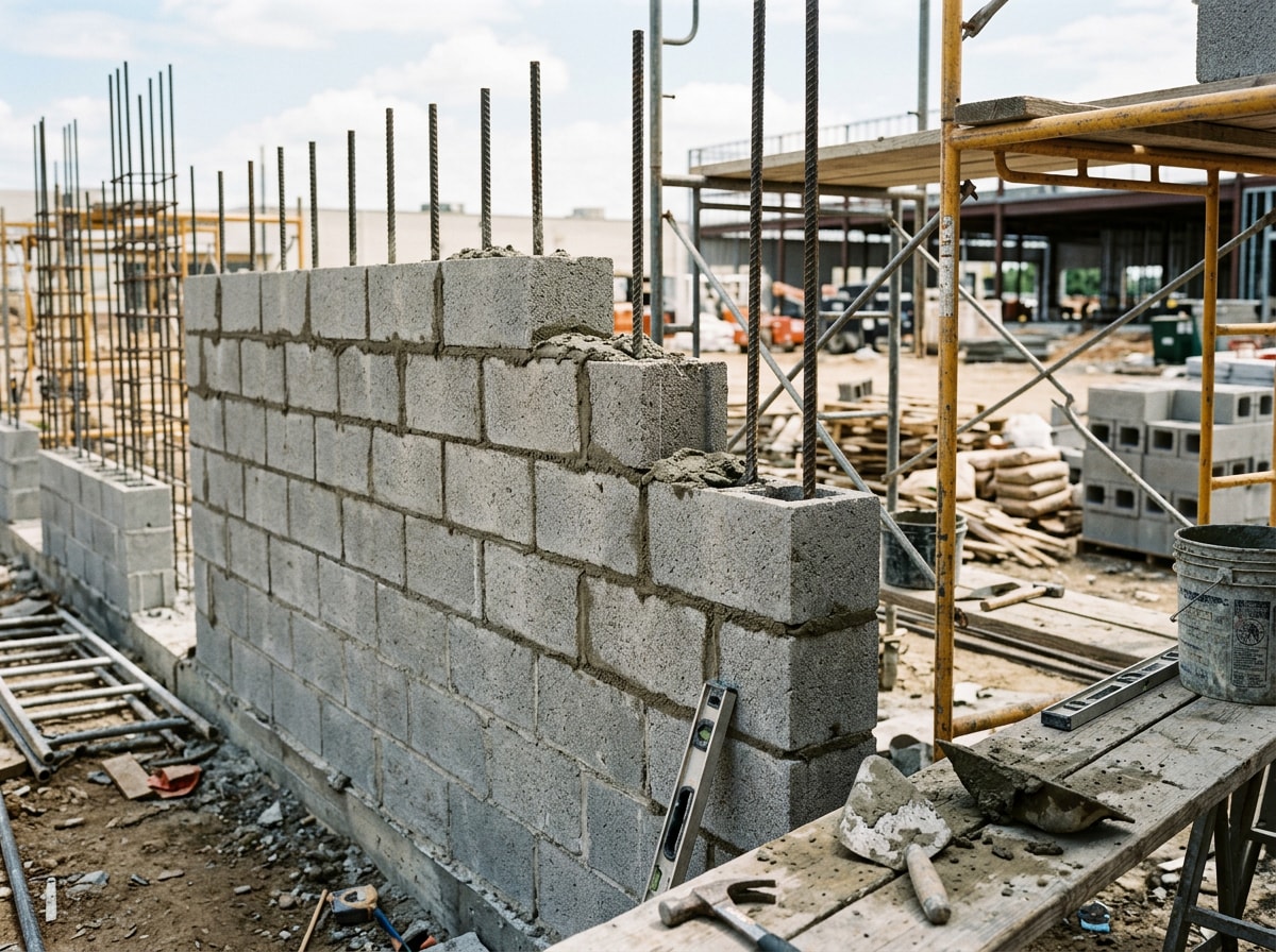 Mason laying CMU block wall on a commercial jobsite in Mebane, NC