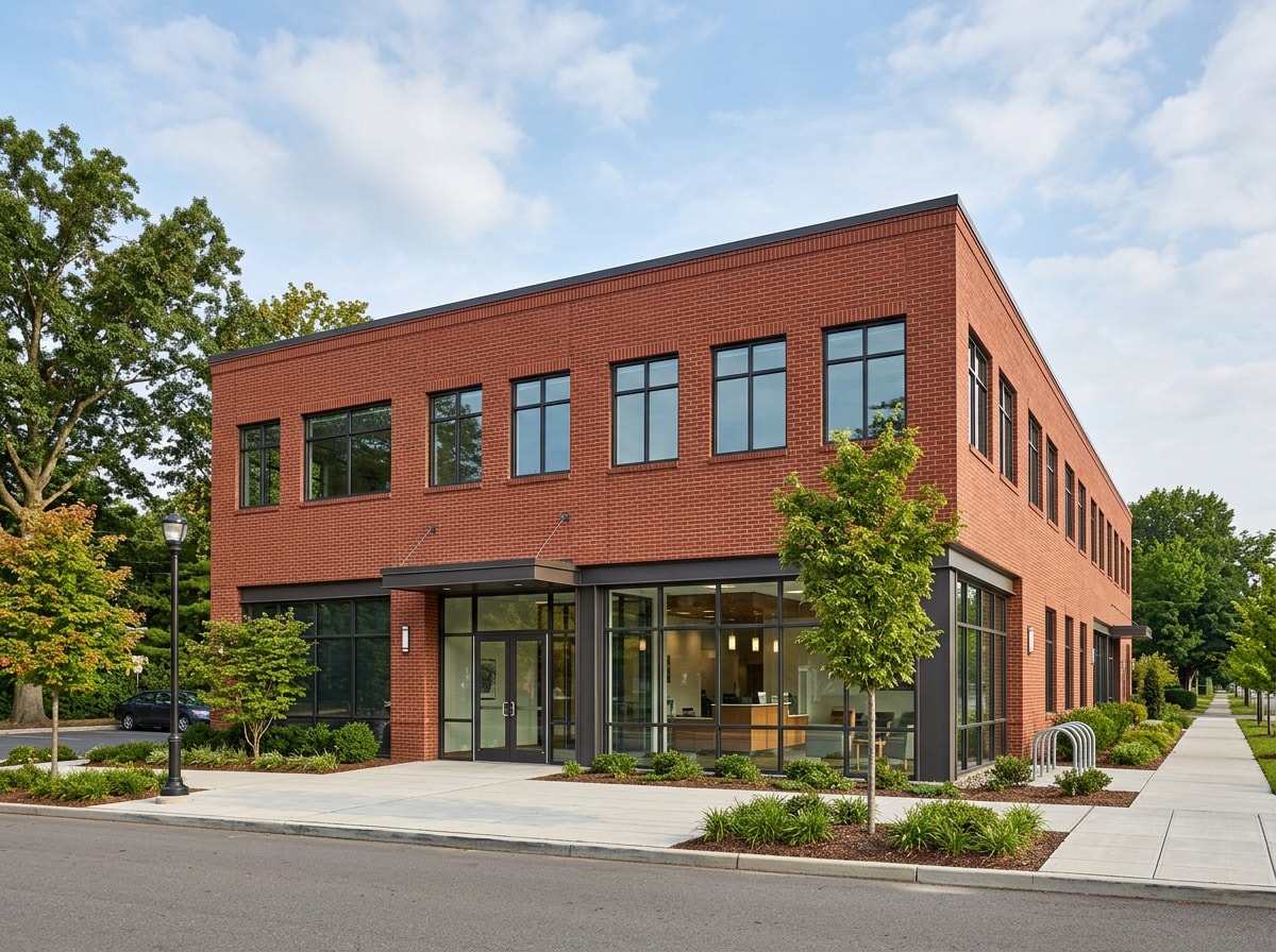 Finished brick veneer commercial building exterior in Mebane, NC