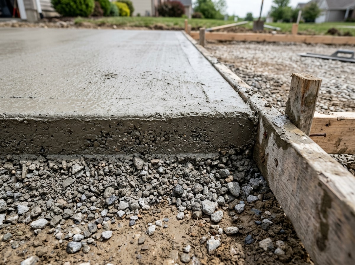Freshly poured concrete driveway with compacted gravel base visible at the edge in Mebane NC
