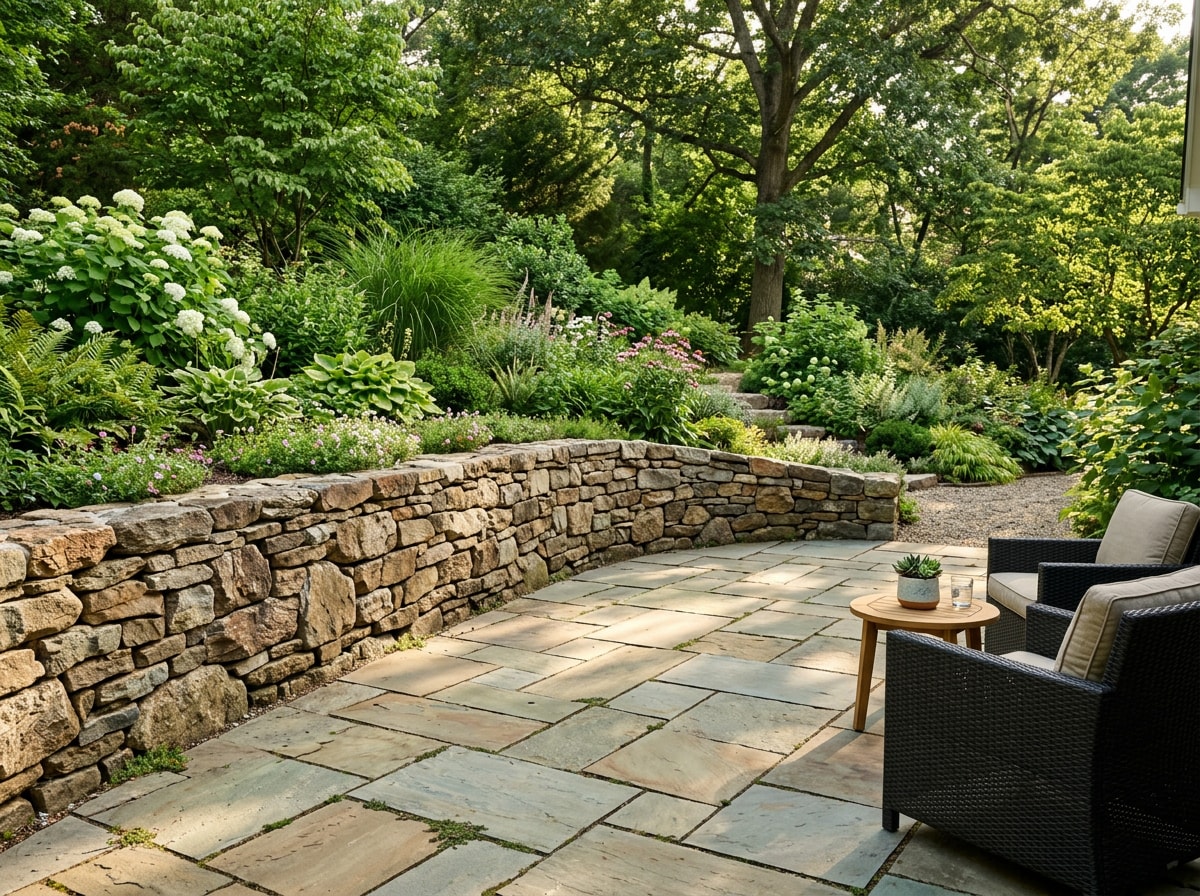 Natural stone patio hardscape with dry-stacked stone retaining wall in a Mebane NC backyard