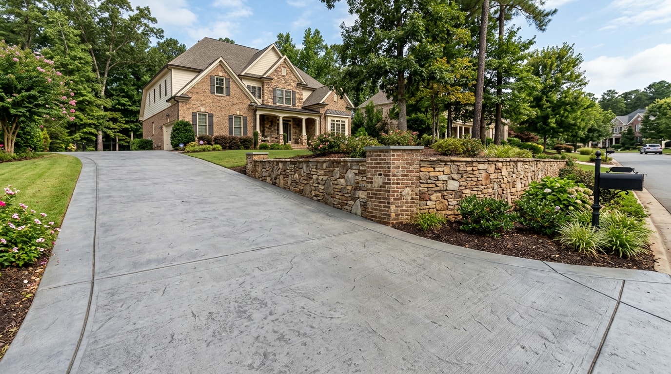 Finished concrete driveway next to a stone retaining wall at a Mebane, NC home Finished concrete driveway next to a stone retaining wall at a Mebane, NC home