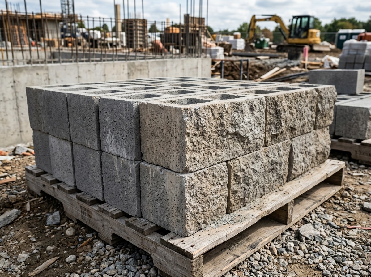 Stacked concrete masonry units of varying finishes at a job site
