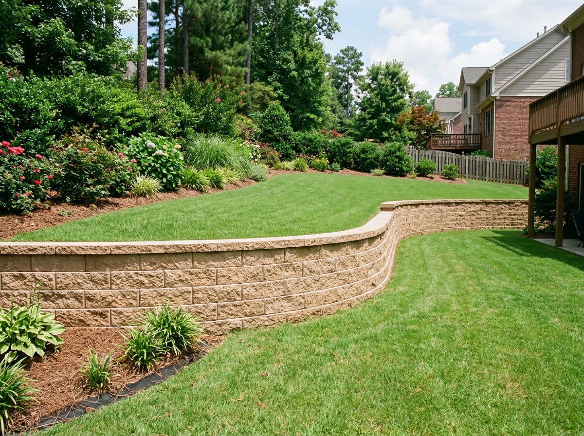 Segmental retaining wall blocks bordering a sloped residential backyard