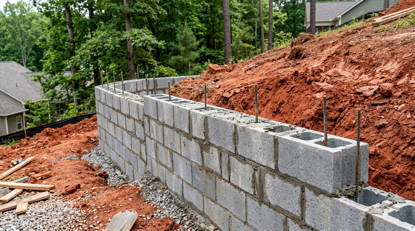 Concrete masonry unit retaining wall under construction in a Chapel Hill, NC backyard