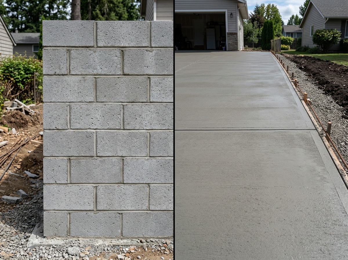 Side-by-side comparison of a stacked concrete block masonry wall next to a smooth poured concrete driveway slab