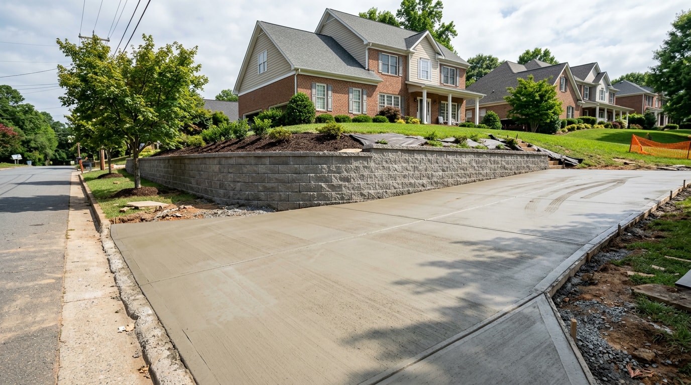 Poured concrete driveway next to a stacked concrete masonry unit retaining wall in Greensboro, NC Poured concrete driveway next to a stacked concrete masonry unit retaining wall in Greensboro, NC