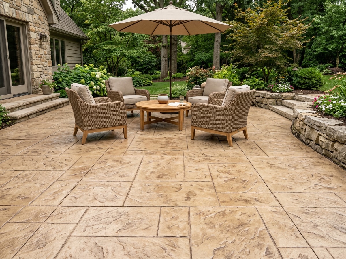Stamped concrete patio with slate pattern and color hardener finish