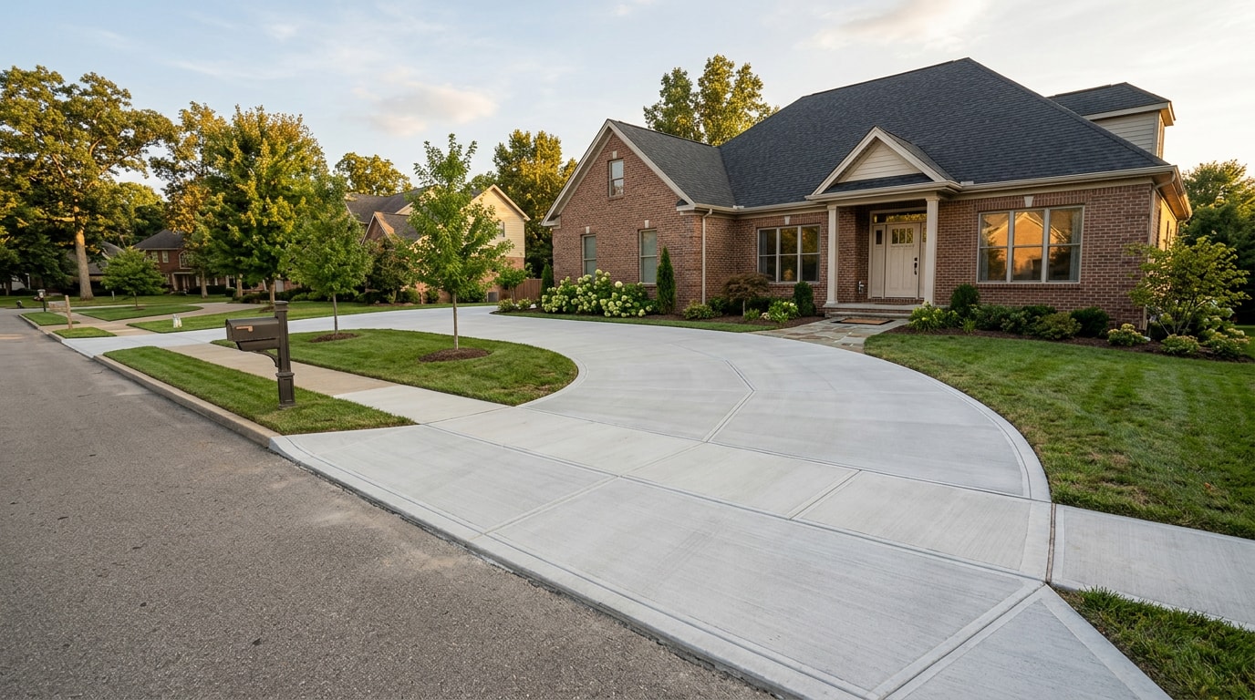 Newly finished concrete driveway flatwork in front of a residential home Newly finished concrete driveway flatwork in front of a residential home
