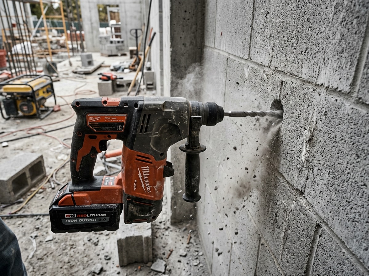 Cordless rotary hammer drill with an SDS-plus bit drilling a clean anchor hole into a concrete slab