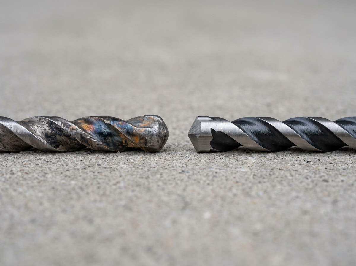 Side-by-side comparison of a worn carbide masonry bit tip next to a new, sharp carbide bit tip
