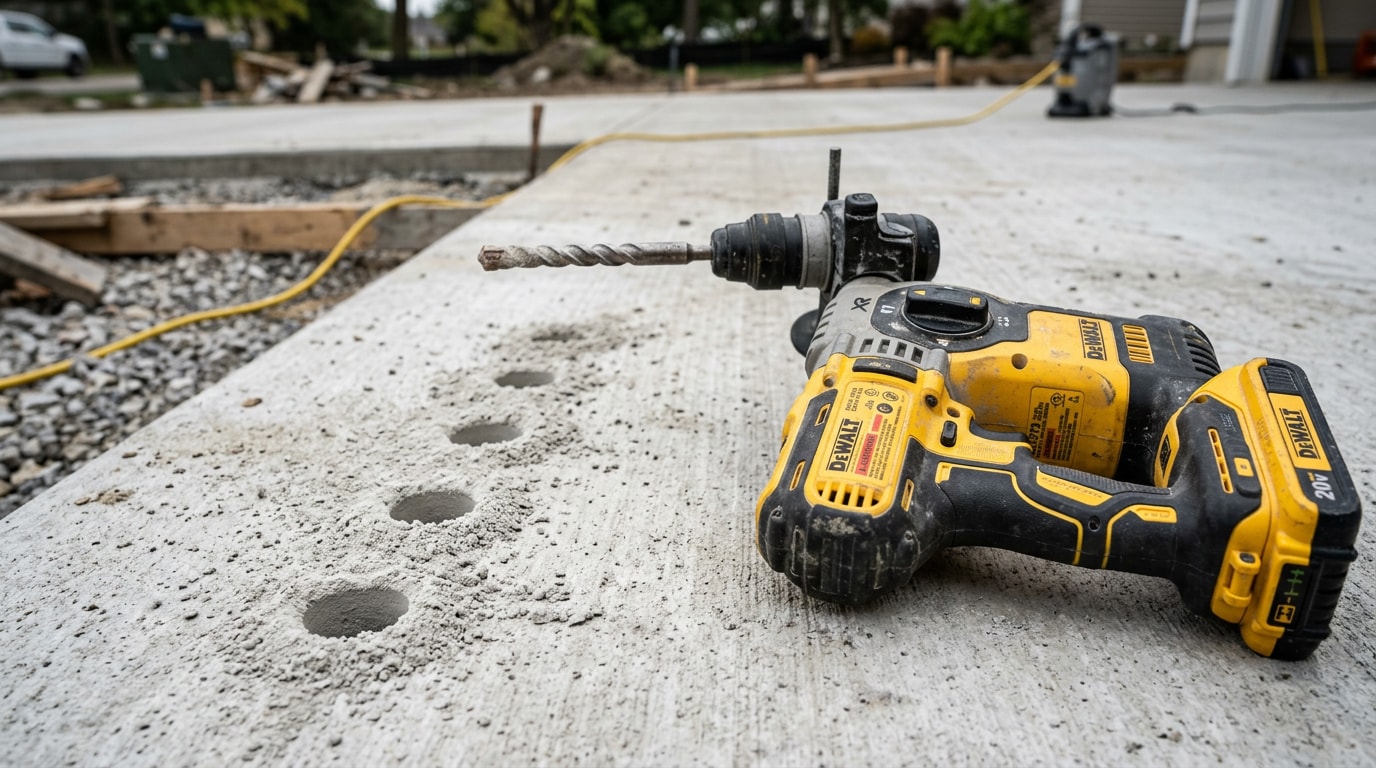 Rotary hammer drill and masonry bits beside freshly drilled anchor holes in a concrete driveway slab