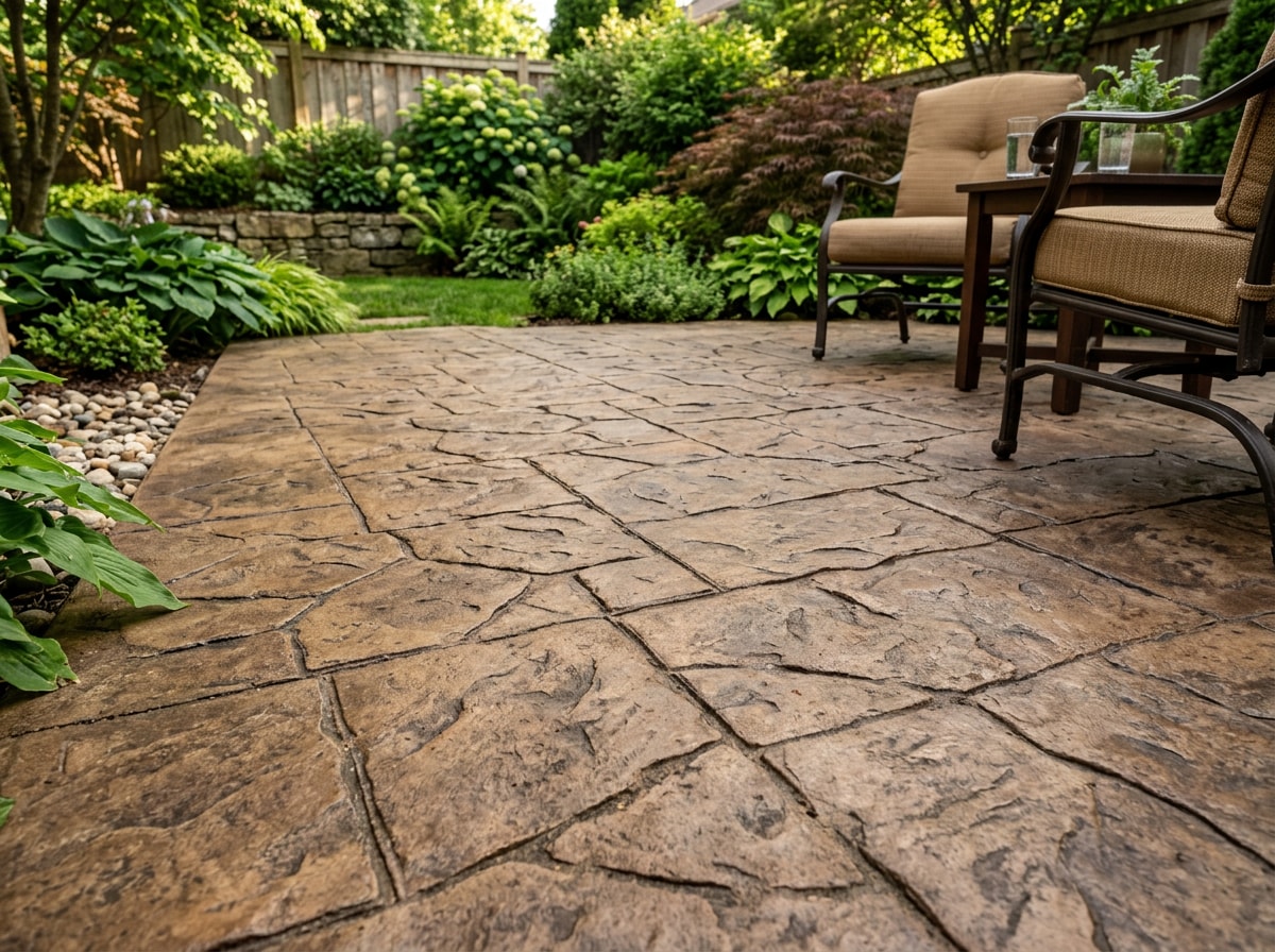 Completed stamped concrete patio with a stone pattern finish in a Burlington, NC backyard