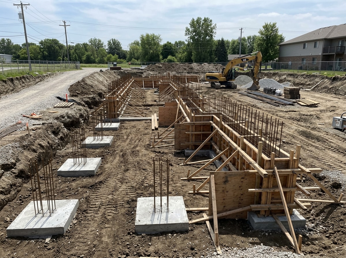 Freshly poured concrete footing and foundation wall forms on a residential job site