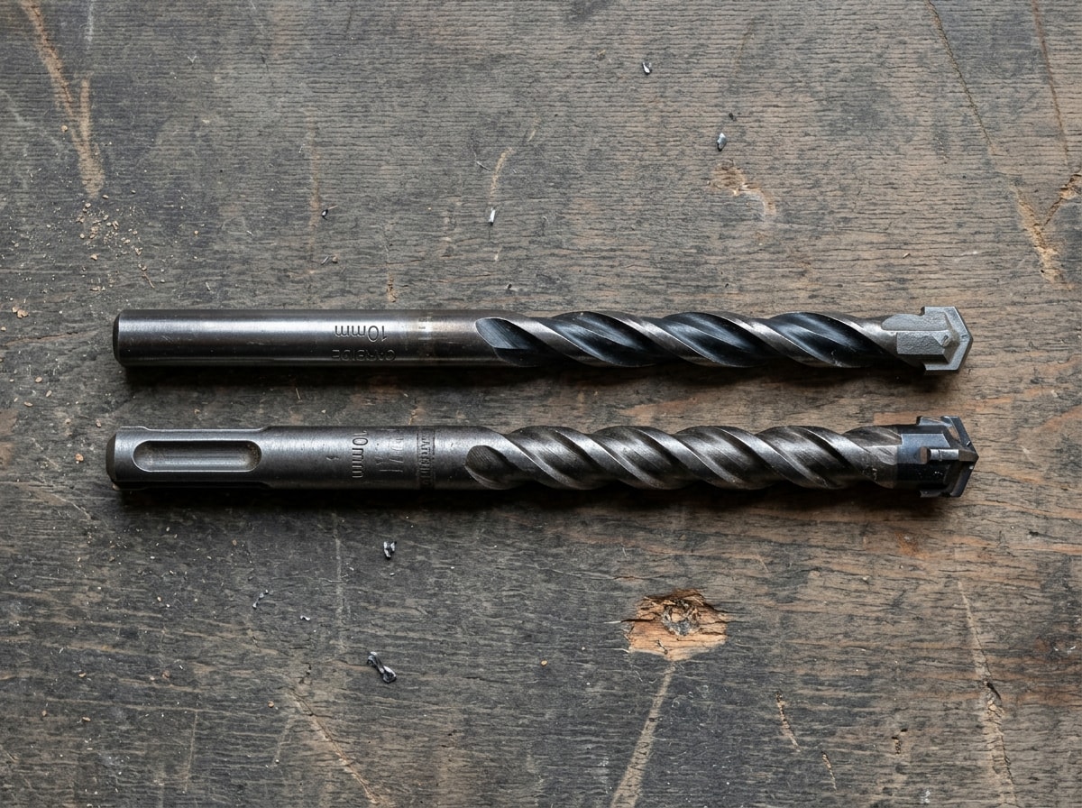 Comparison of carbide-tipped and rotary percussion masonry drill bits laid side by side