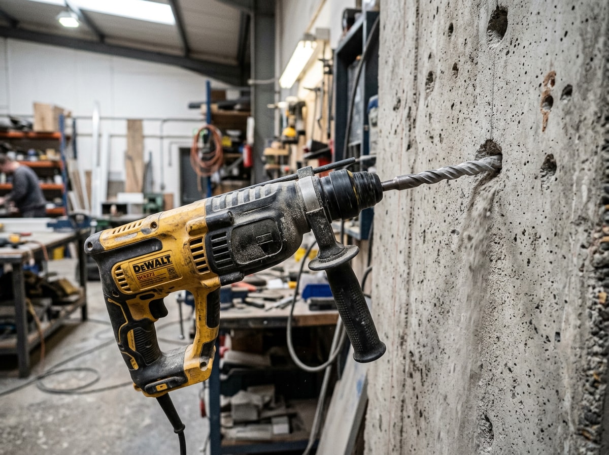 Step-by-step sequence showing proper technique for drilling into concrete with a masonry bit