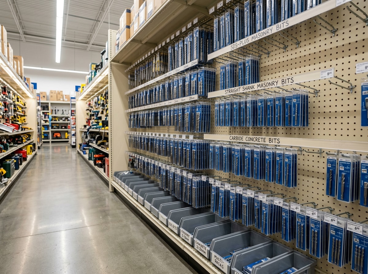 Aisle display of masonry and concrete drill bits organized by size and shank type