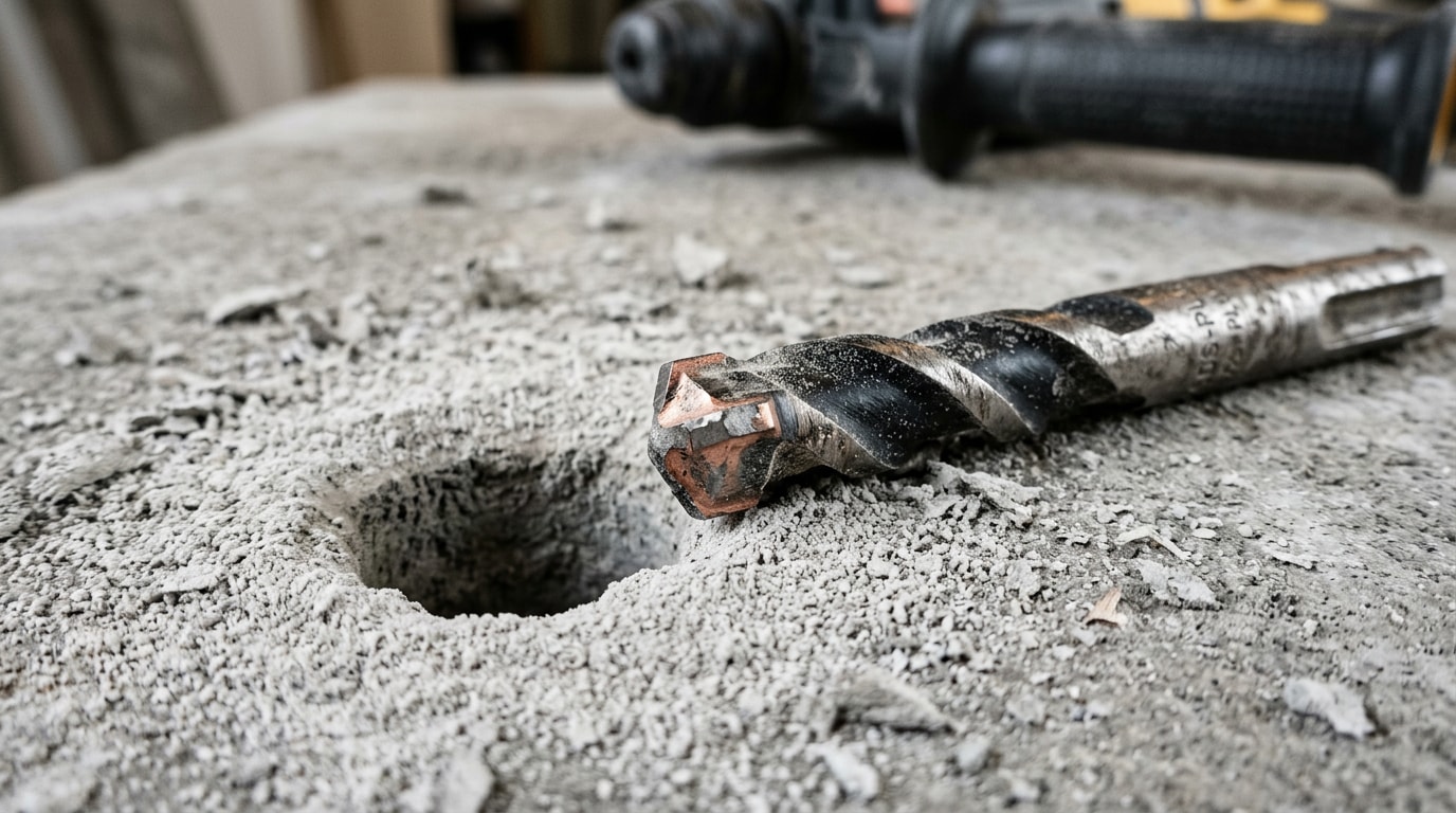 Carbide-tipped masonry drill bit resting beside a freshly drilled hole in a concrete slab Carbide-tipped masonry drill bit resting beside a freshly drilled hole in a concrete slab