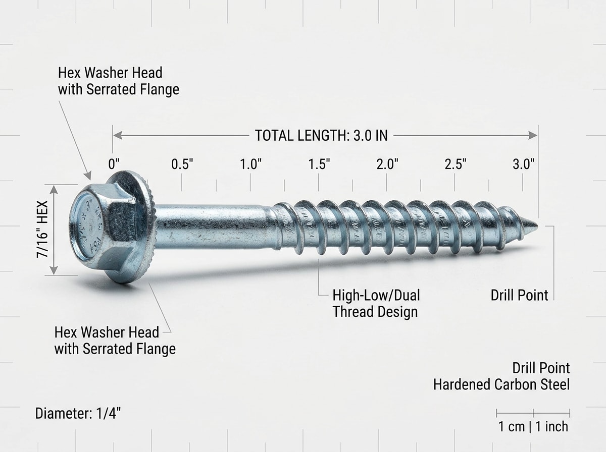 Labeled diagram of a concrete screw showing diameter, length, and embedment depth