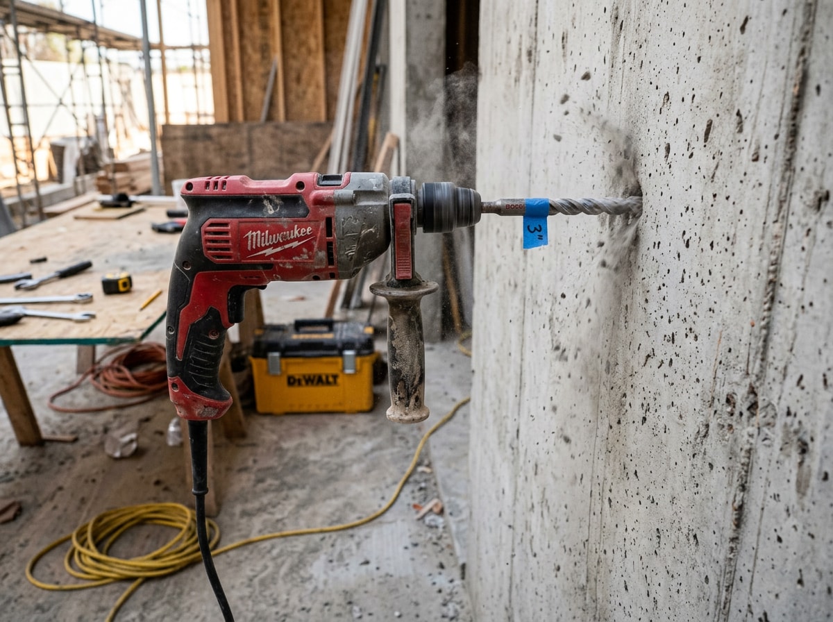 Hammer drill with tape-marked carbide bit drilling into a concrete wall