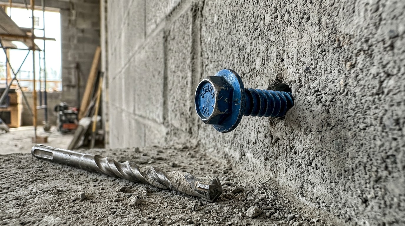 Blue masonry screw driven into a concrete block wall with a carbide drill bit beside it Blue masonry screw driven into a concrete block wall with a carbide drill bit beside it