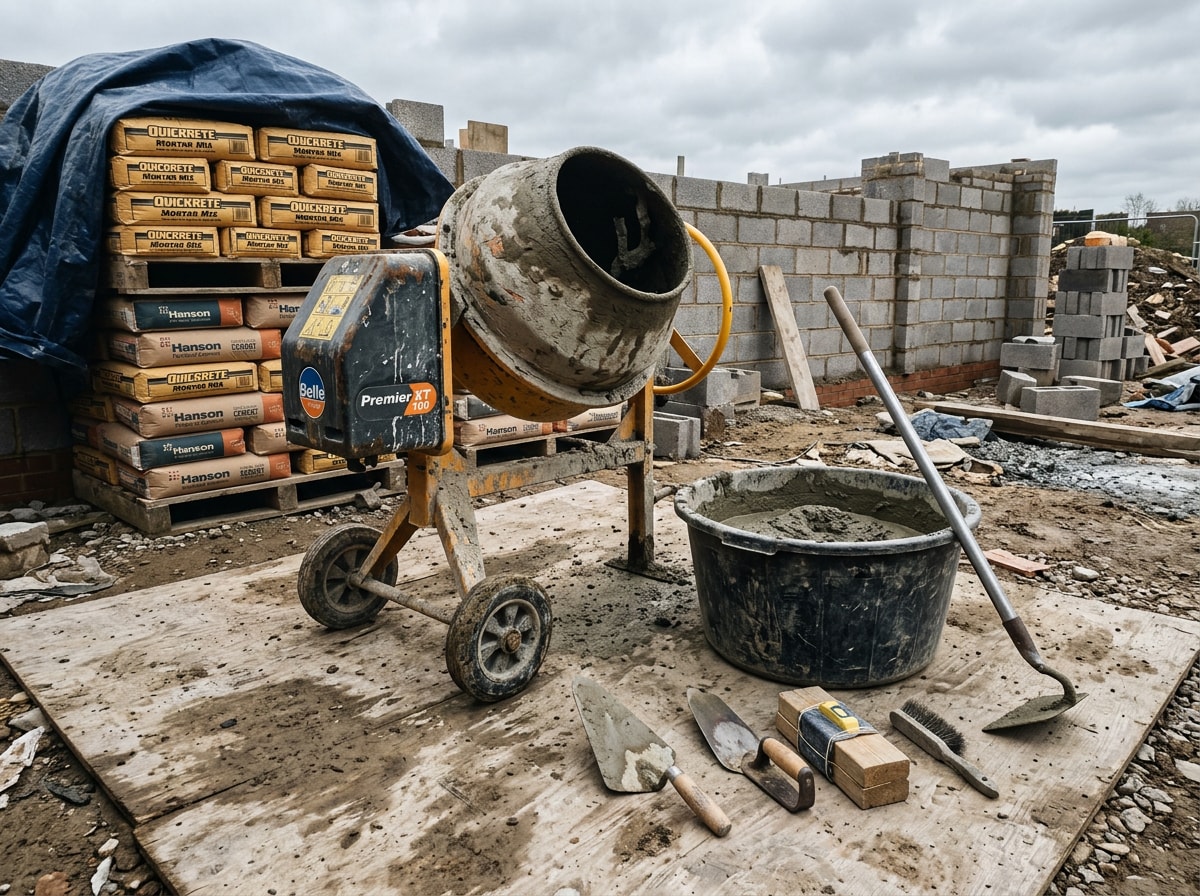 Mortar mixer and mason's tools set up on a cinder block job site