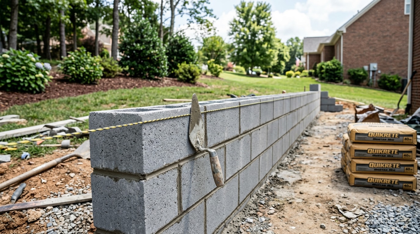 Freshly built cinder block wall with tooled mortar joints on a Chapel Hill, NC job site