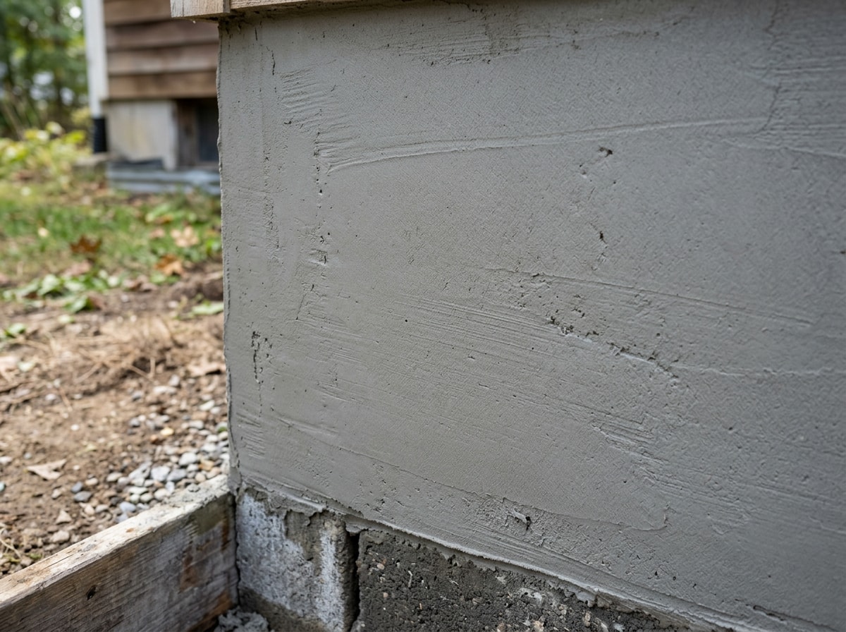 Freshly parged concrete foundation wall with smooth gray mortar finish