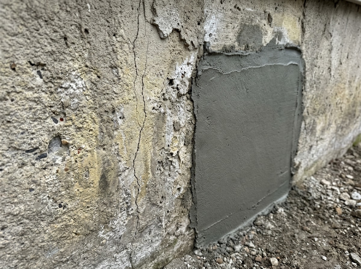 Close-up of a hairline crack in old parging next to a freshly patched section