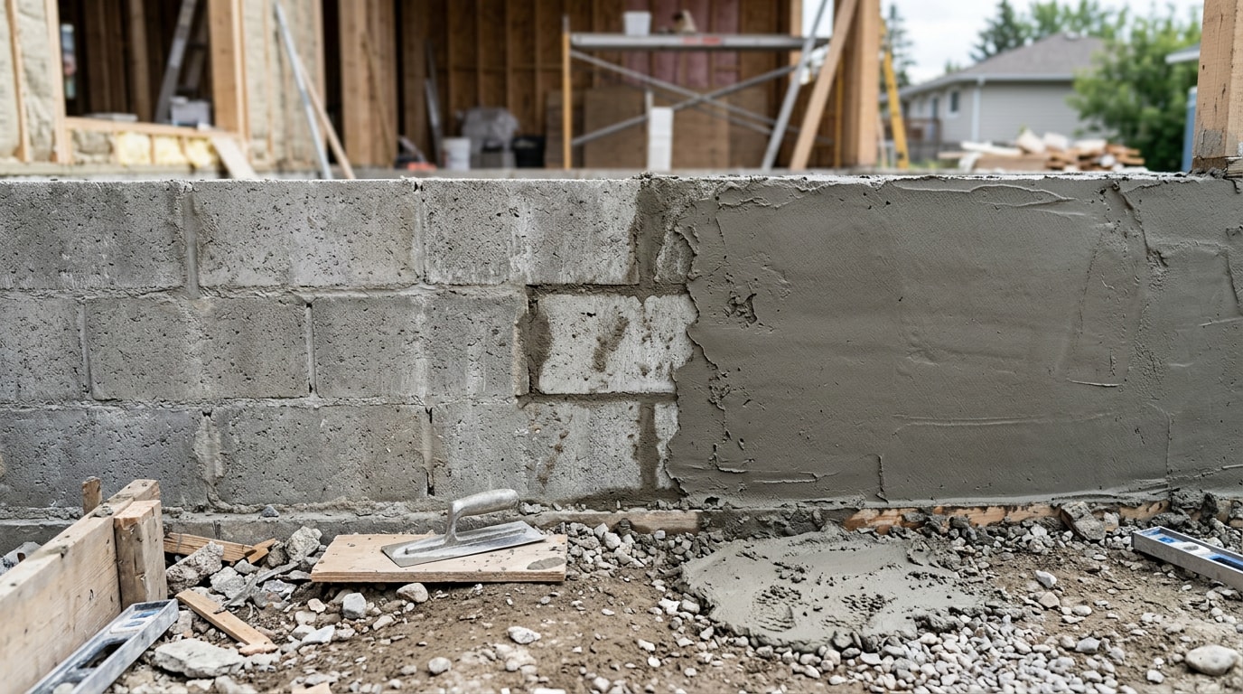 Concrete block foundation wall partially coated with fresh parging mortar