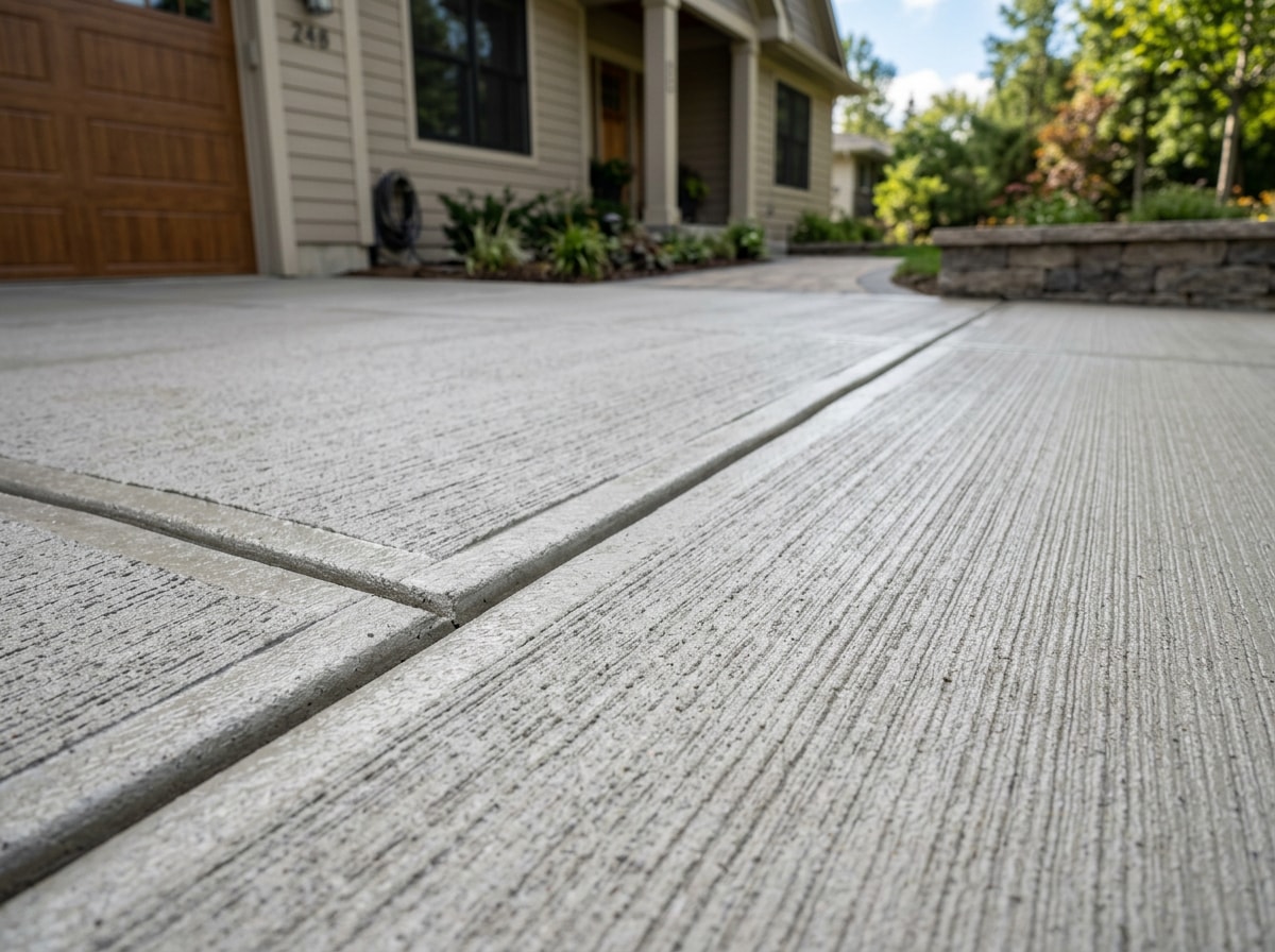 Freshly poured concrete driveway with broom finish in front of a Chapel Hill home