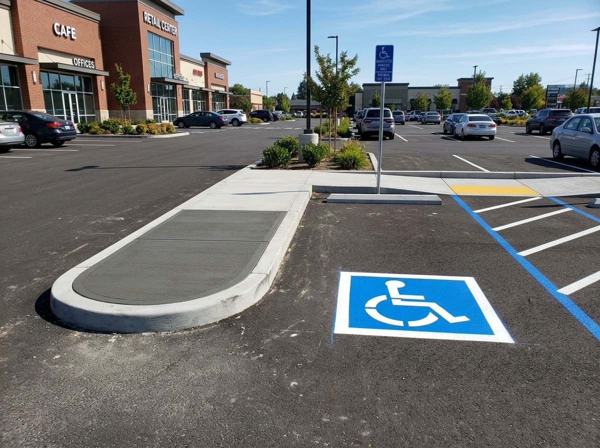 Concrete curb ramp and accessible parking space poured at a Chapel Hill commercial property