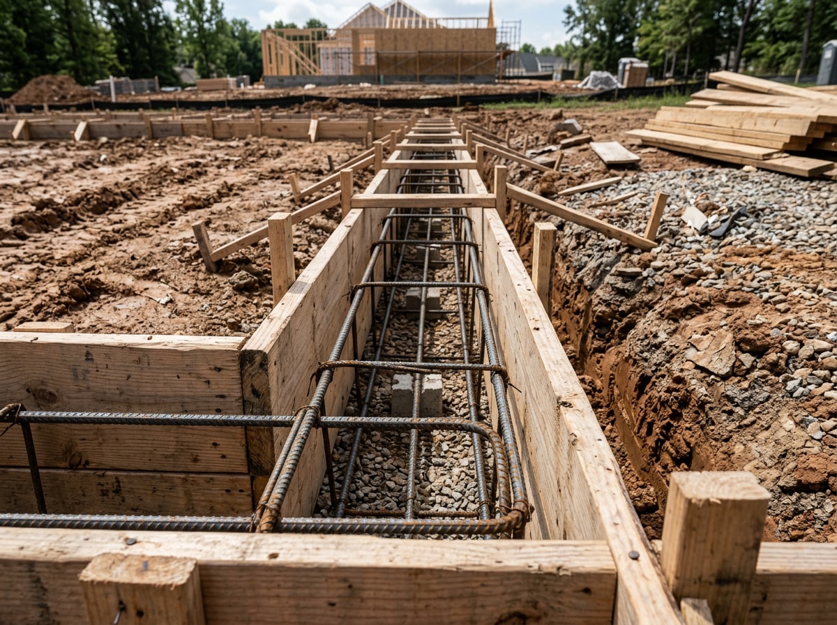 Formed concrete footing with rebar reinforcement ready for pour on a Greensboro job site