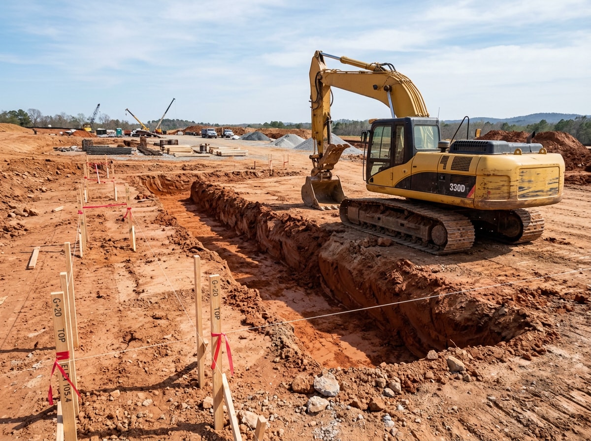 Excavator preparing a subgrade trench for a structural concrete footing pour