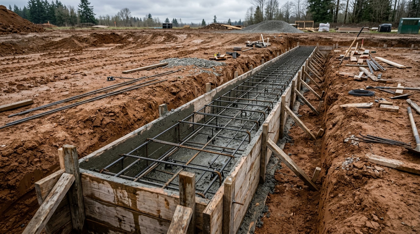 Structural concrete foundation footing with rebar forms ready for pour Structural concrete foundation footing with rebar forms ready for pour