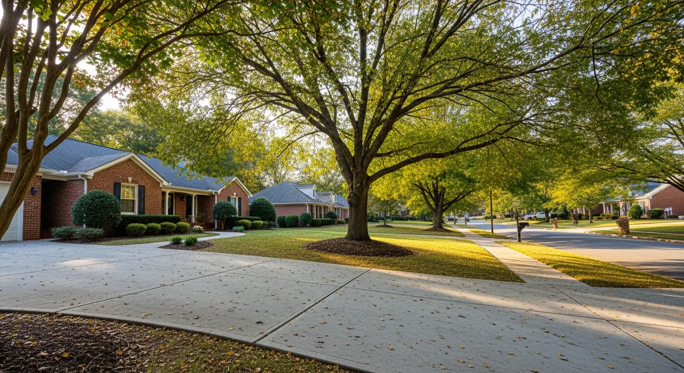Greensboro residential street with well-maintained homes and mature trees lining the sidewalk.