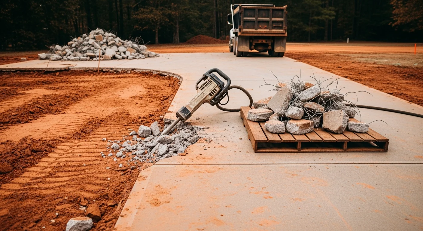 A Boswell Brothers Ltd. crew member operating a jackhammer to break up a cracked concrete driveway slab at a residential property near Liberty, NC. Broken concrete chunks are staged nearby, ready for hauling, with red clay soil visible beneath the removed section.