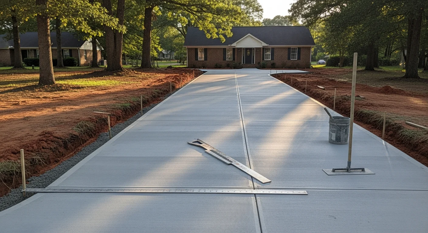 Freshly poured and broom-finished concrete driveway at a residential property in Liberty, NC. The slab runs from the street to a single-car garage with clean edges and a slight slope for drainage.
