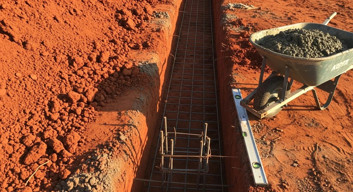 Freshly poured concrete footings set in excavated trenches at a residential construction site in Greensboro, NC. Rebar reinforcement is visible within the footings before backfill, with red clay soil along the trench walls.