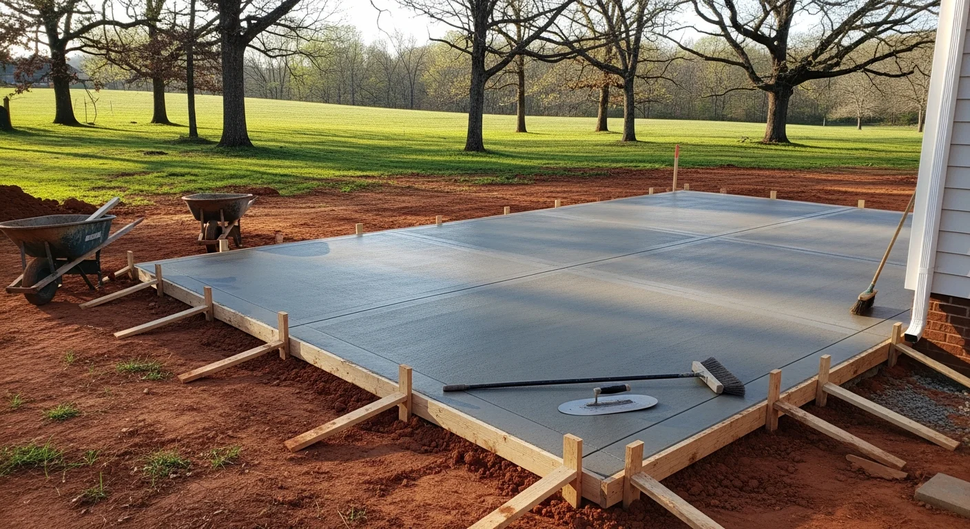 A freshly poured and finished concrete patio behind a residential home in the Greensboro, NC area. The smooth broom-finished slab extends from the back door across a graded yard with a clean edge border.