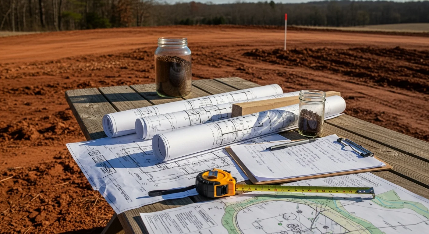 A general contractor reviewing construction plans with a property owner at a residential job site in Liberty, NC. Blueprints and site notes are spread across a work table during a pre-construction consultation meeting.