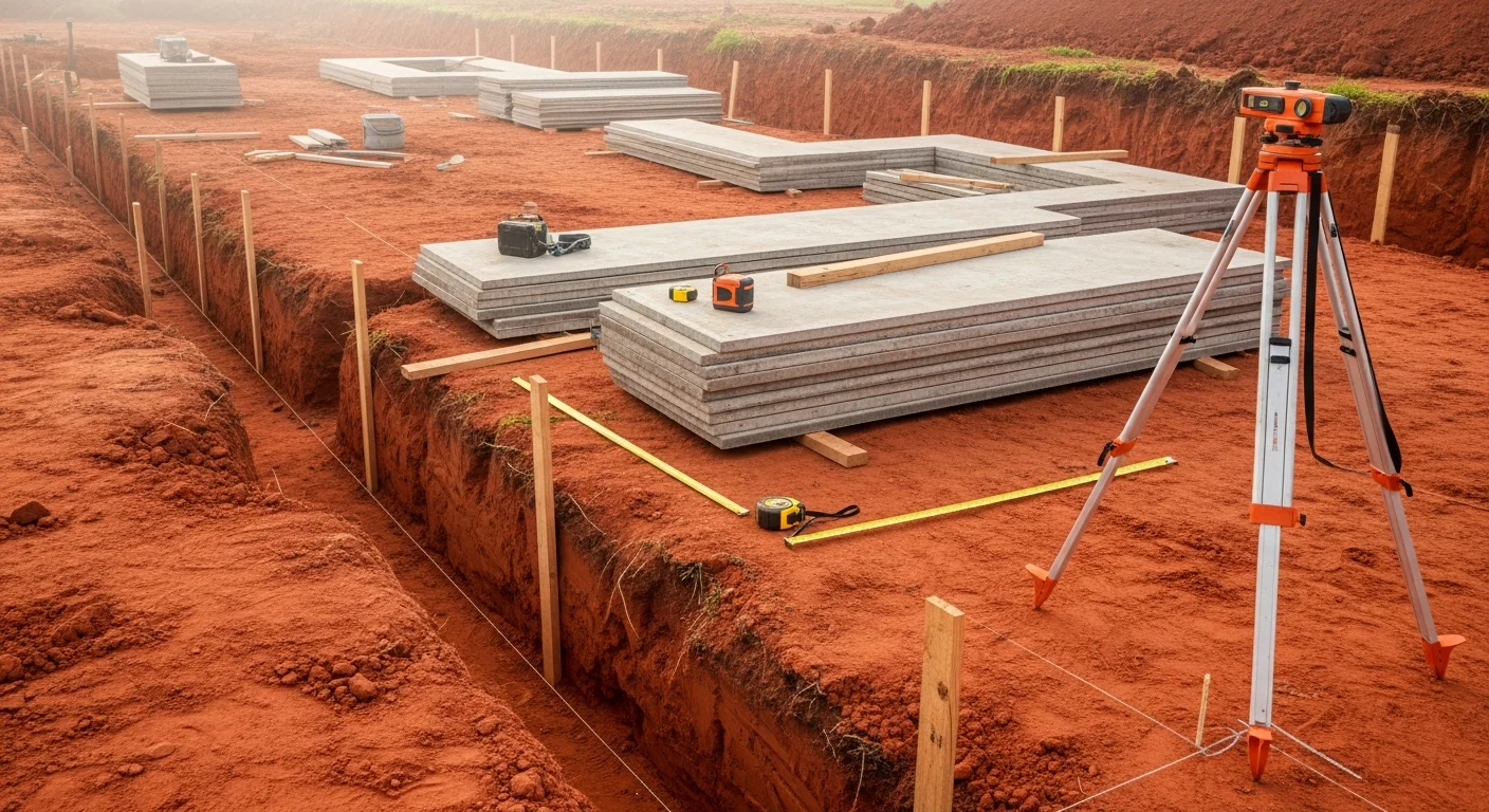 Freshly poured concrete foundation footings on a cleared residential lot in the Greensboro, NC area. Formed concrete walls and compacted soil are visible, showing early-stage new construction foundation installation.