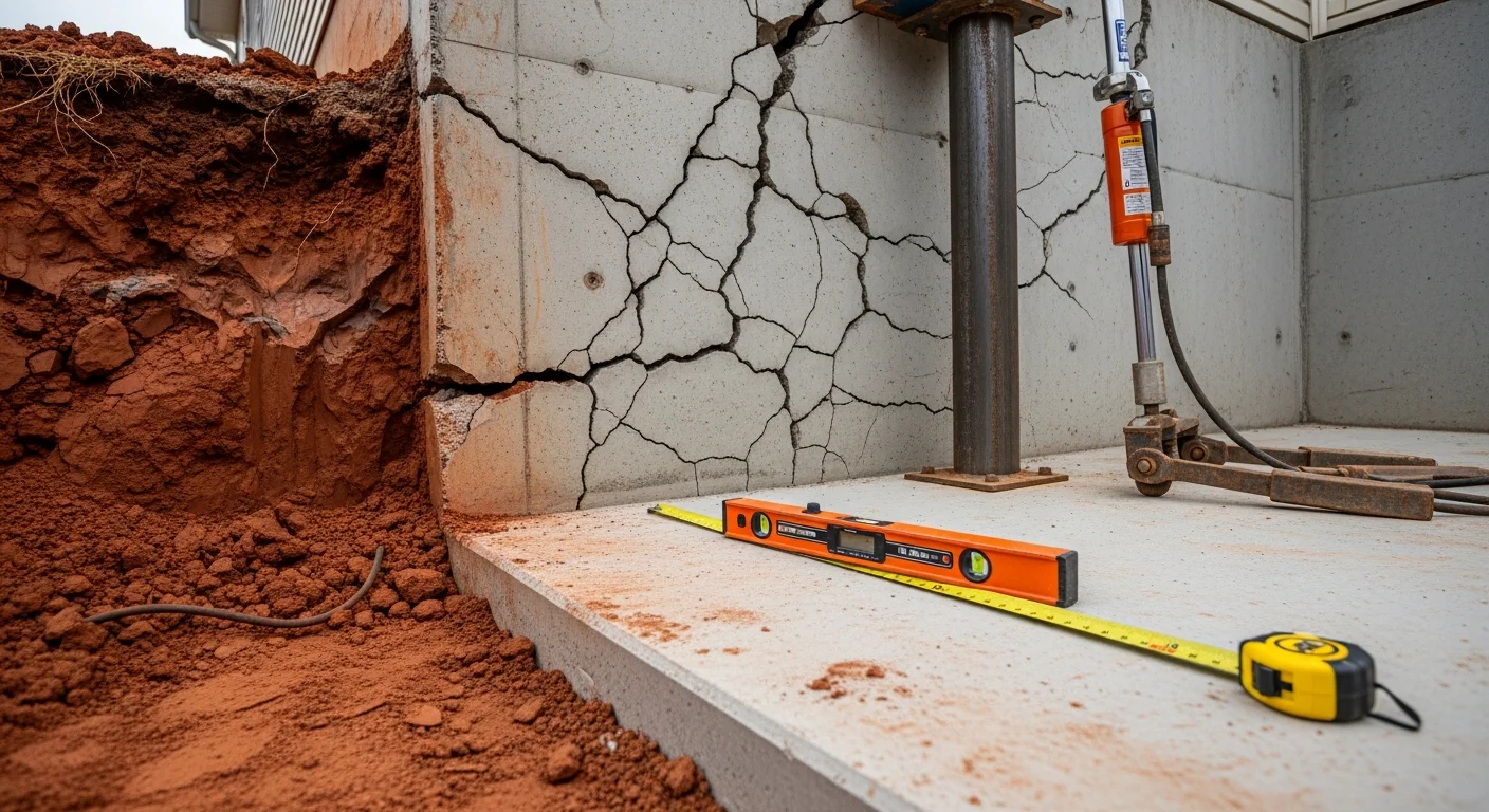A Boswell Brothers Ltd. crew member inspecting a cracked concrete foundation wall at a residential property in Liberty, NC. Visible diagonal cracks and soil staining on the block wall indicate settlement from clay soil movement common in the Greensboro area.
