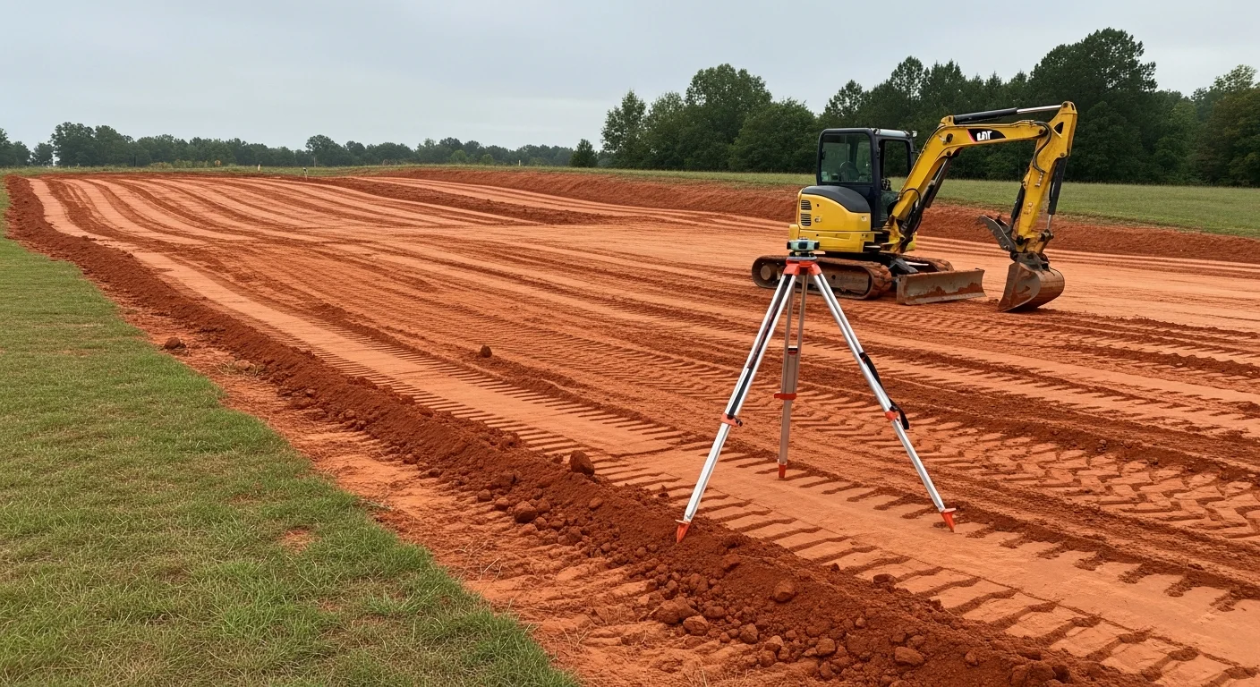 A graded residential lot near Liberty, NC with smoothly sloped soil angled away from a home's foundation, showing fresh earthwork and no standing water after site preparation. Heavy red clay subsoil is visible across the reshaped yard, typical of Piedmont-region grading work.