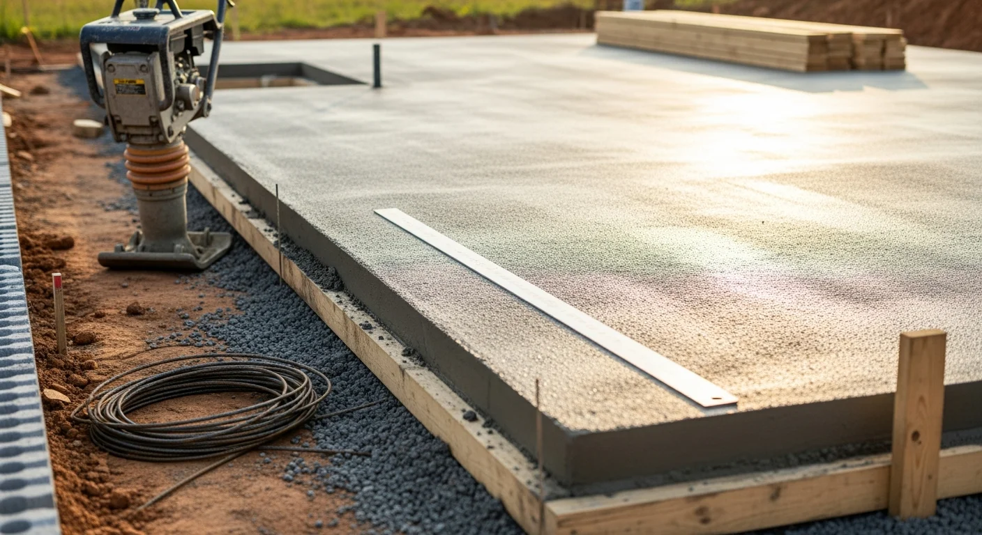 A freshly poured and finished monolithic concrete slab on a residential lot in Liberty, NC, with thickened perimeter edges visible and a level surface ready for framing. The surrounding site shows compacted gravel sub-base and form boards along the edges.