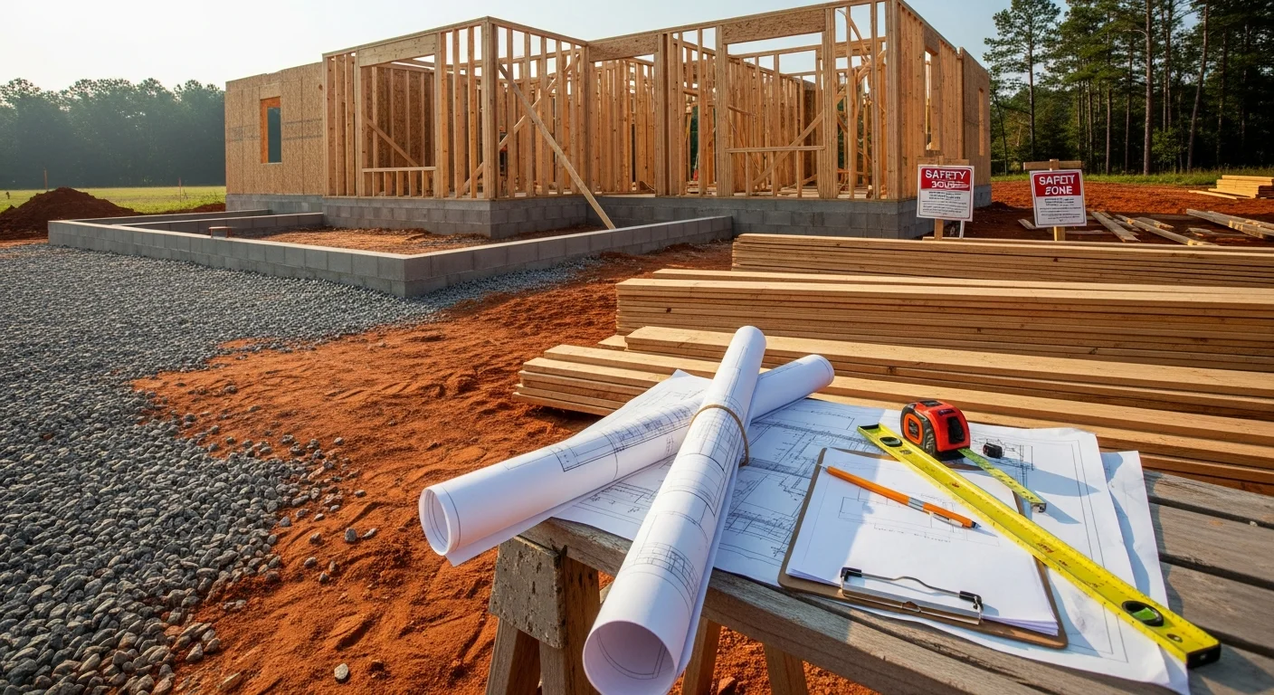 A Boswell Brothers Ltd. project manager reviewing construction plans on an active residential job site in Greensboro, NC. Framed structure and building materials visible in the background.