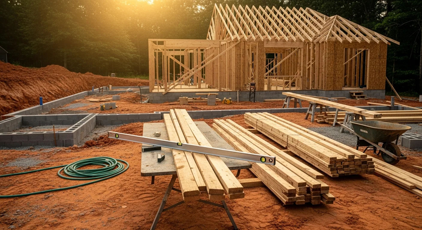 A newly framed residential home under construction on a cleared lot in the Liberty, NC area, with wood framing and roof trusses visible against a clear sky. A general contractor reviews structural plans on site during the active build phase.
